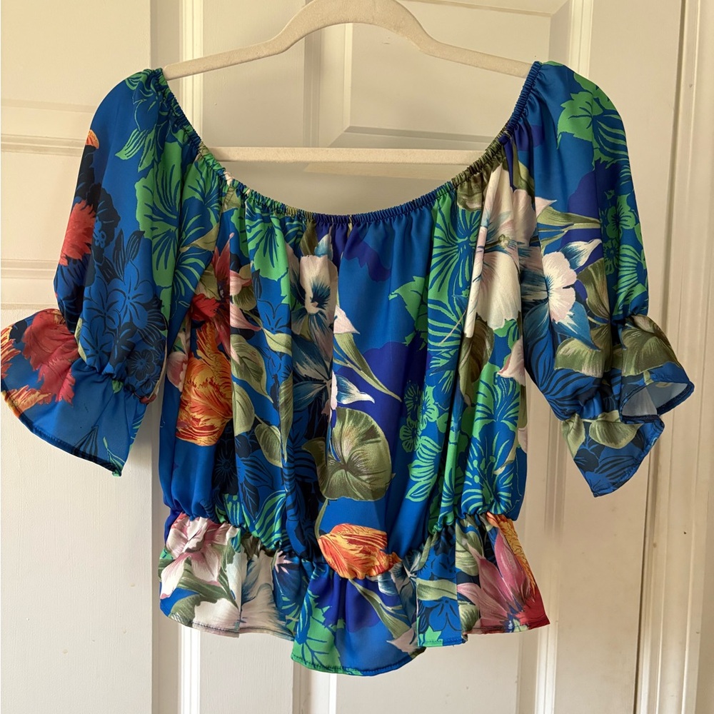 Floral Off-Shoulder Top - Blue and Multicolor